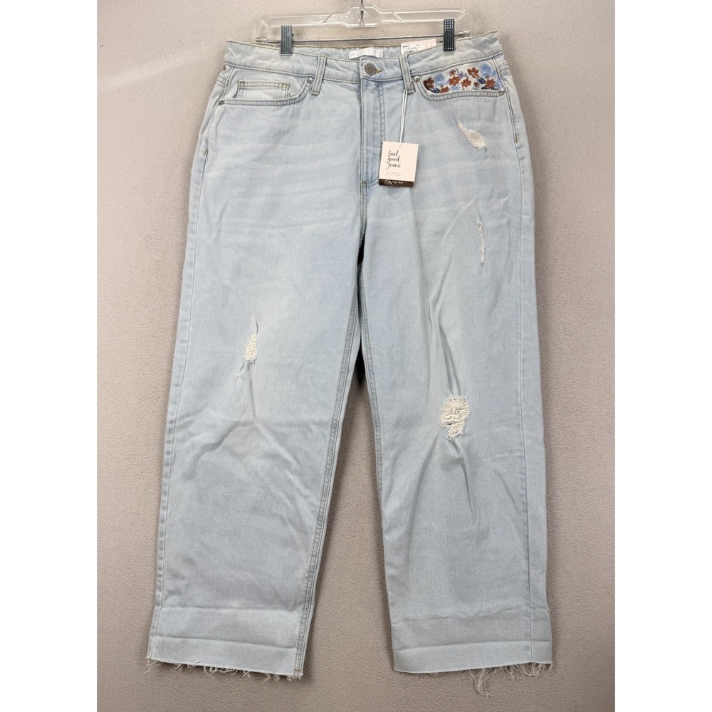 LC Lauren Conrad Women's 14 Super HighRise Crop Distressed Embroidered Denim NWT
